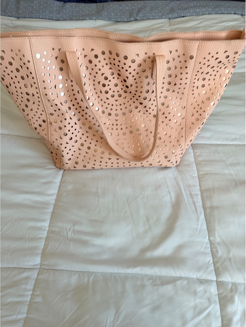 Peach Laser Cut Leather Tote Bag with Double Handles